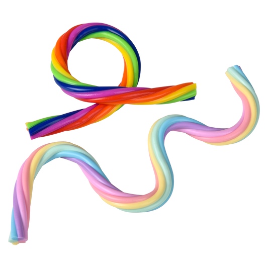 Colorful licorice candy coil toys on a white background