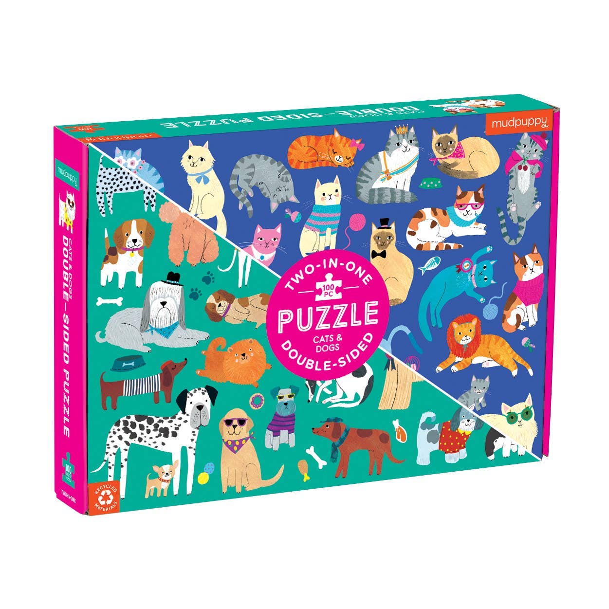 Two-sided puzzle box with cat and dog illustrations on a white background