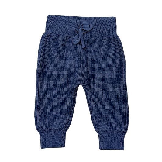 Blue baby pants with a drawstring on a white background