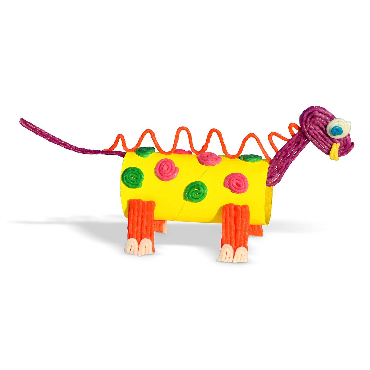 Colorful toy lizard made from paper rolls on a white background