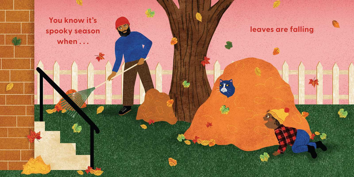 Illustration of a man and child raking leaves with a large pumpkin and cat under a tree, set against a pink background.