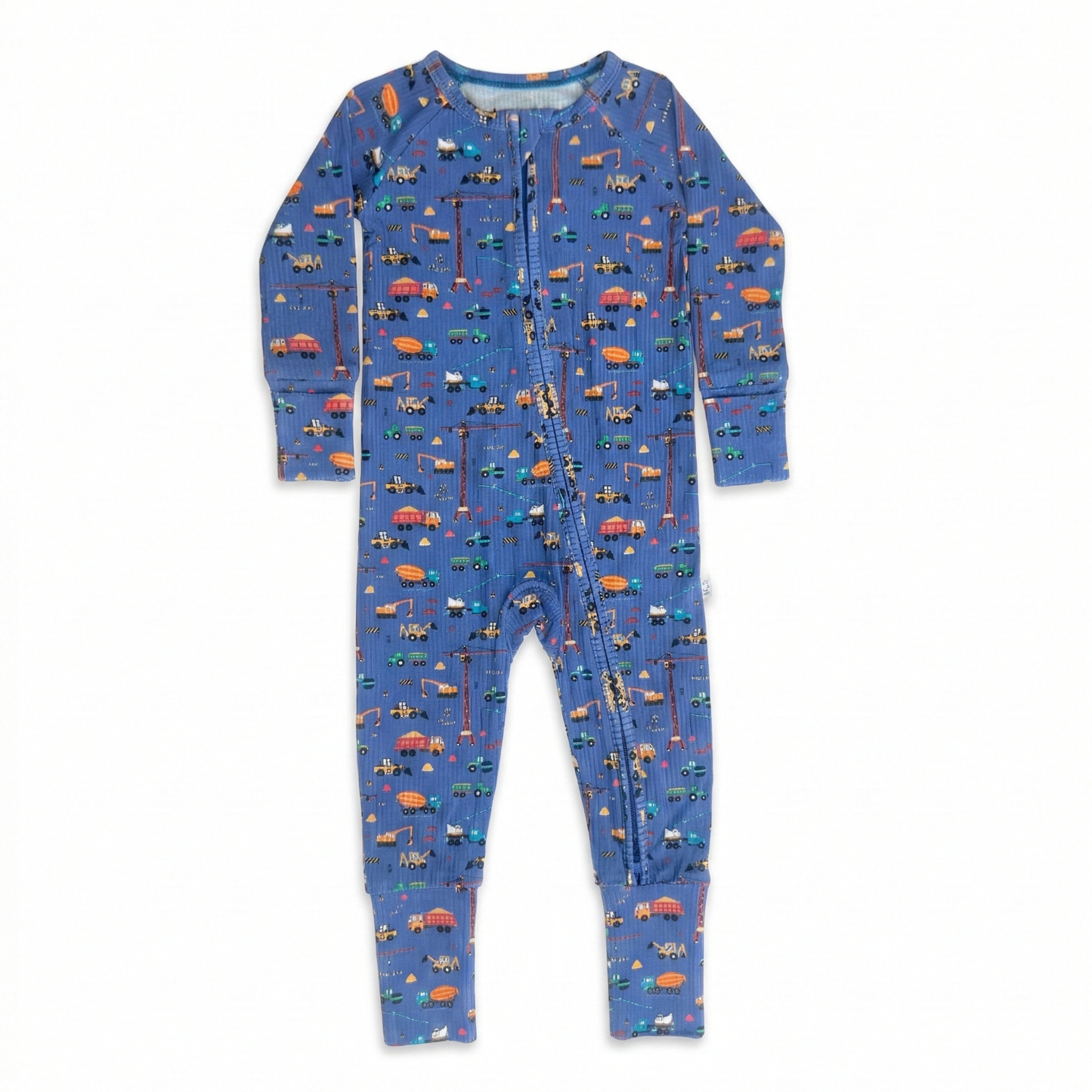 Blue children's onesie with vehicle pattern on a white background