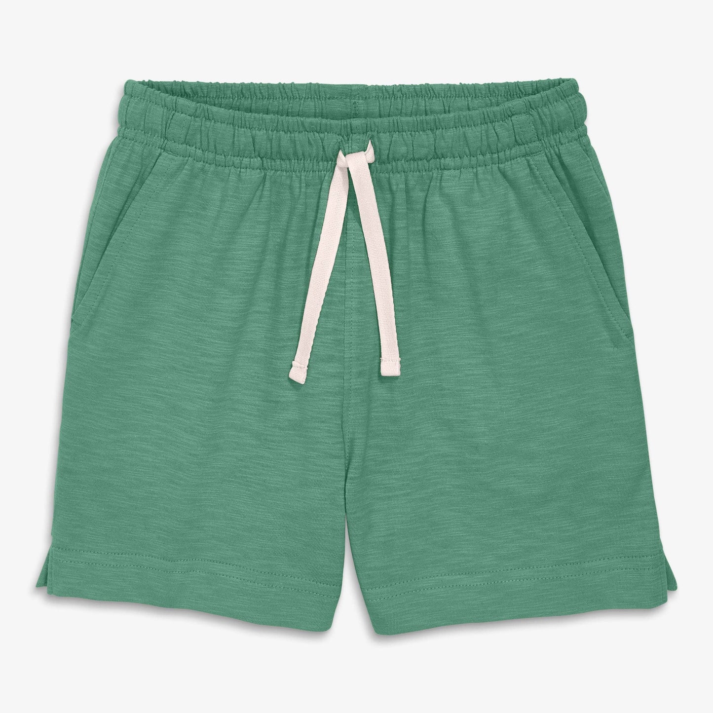Green shorts with a drawstring on a white background
