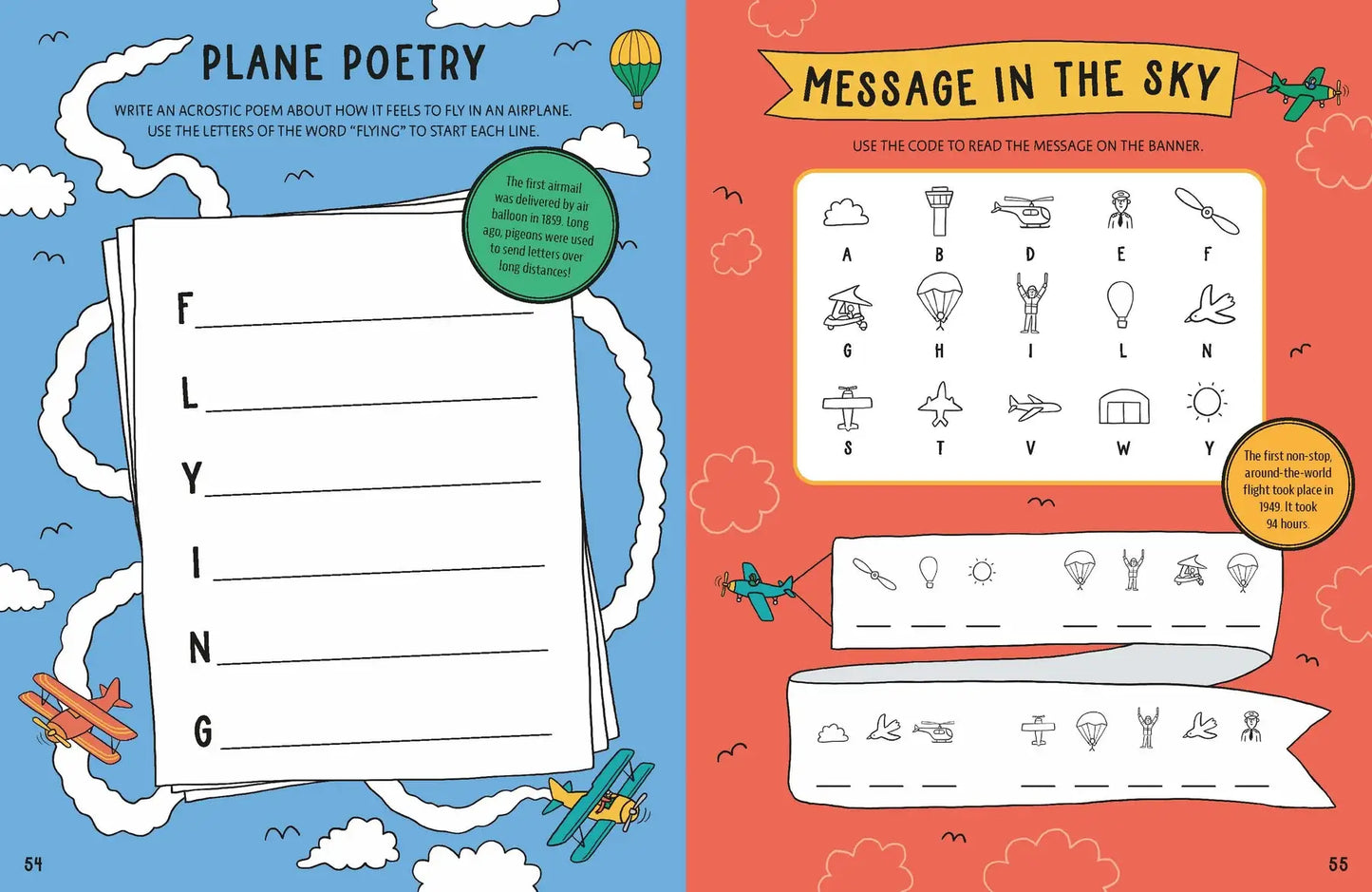 Educational children's book page with plane poetry and message in the sky activities.