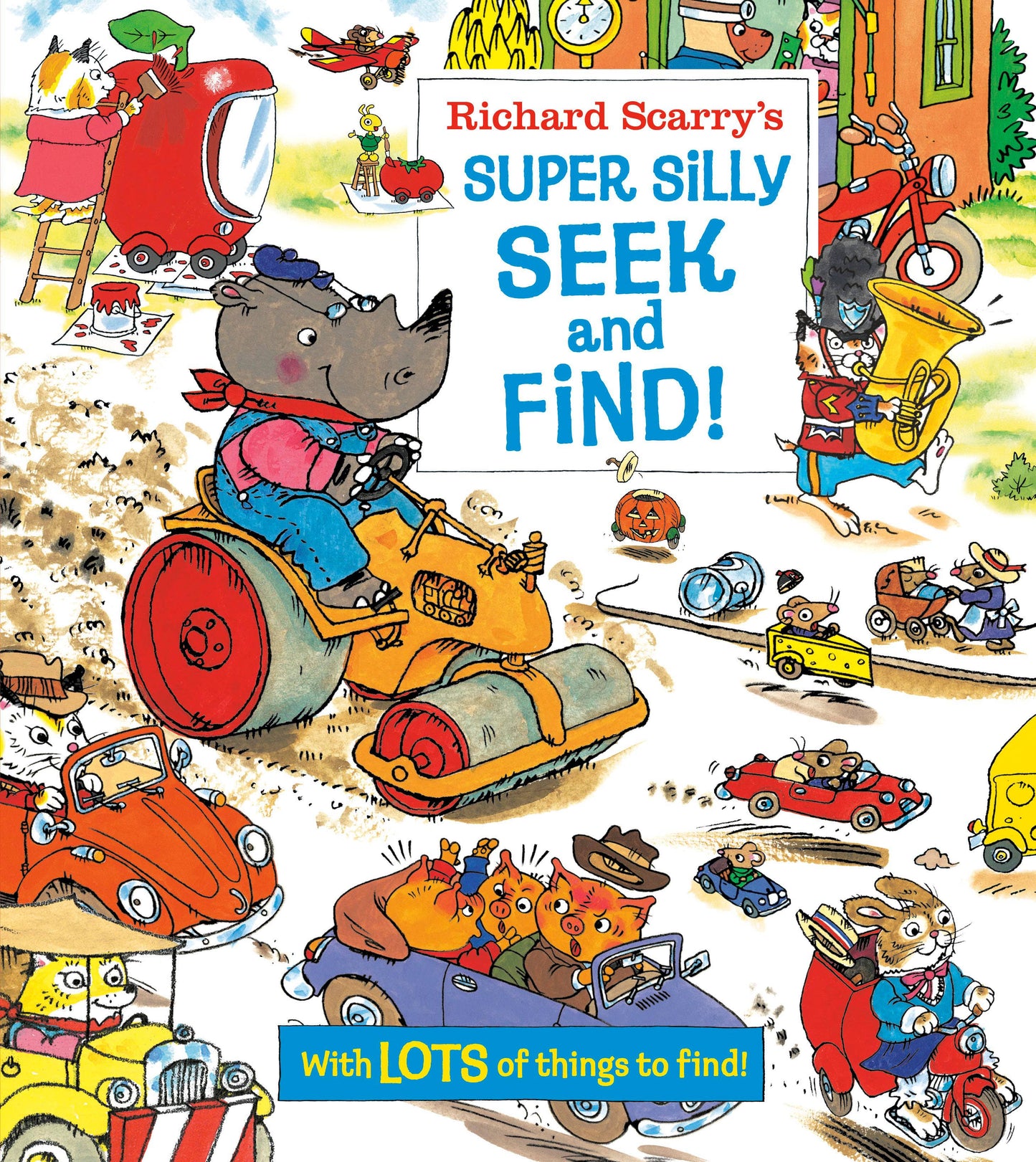 Illustrated book cover of 'Super Silly Seek and Find' with cartoon characters and vehicles.