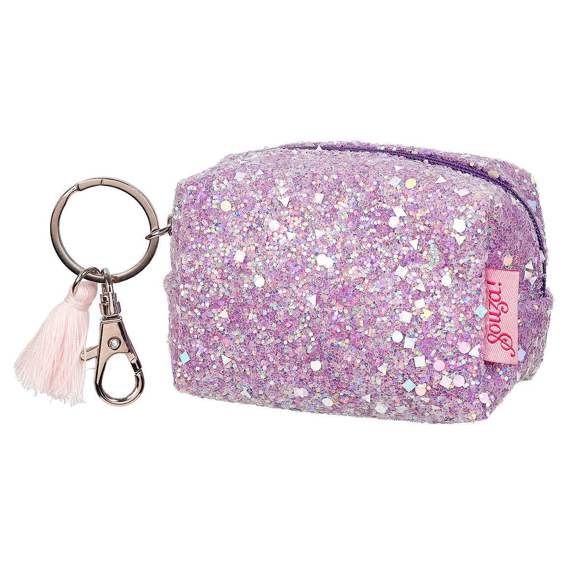 Glittery purple pouch with a keychain featuring a pink tassel on a white background
