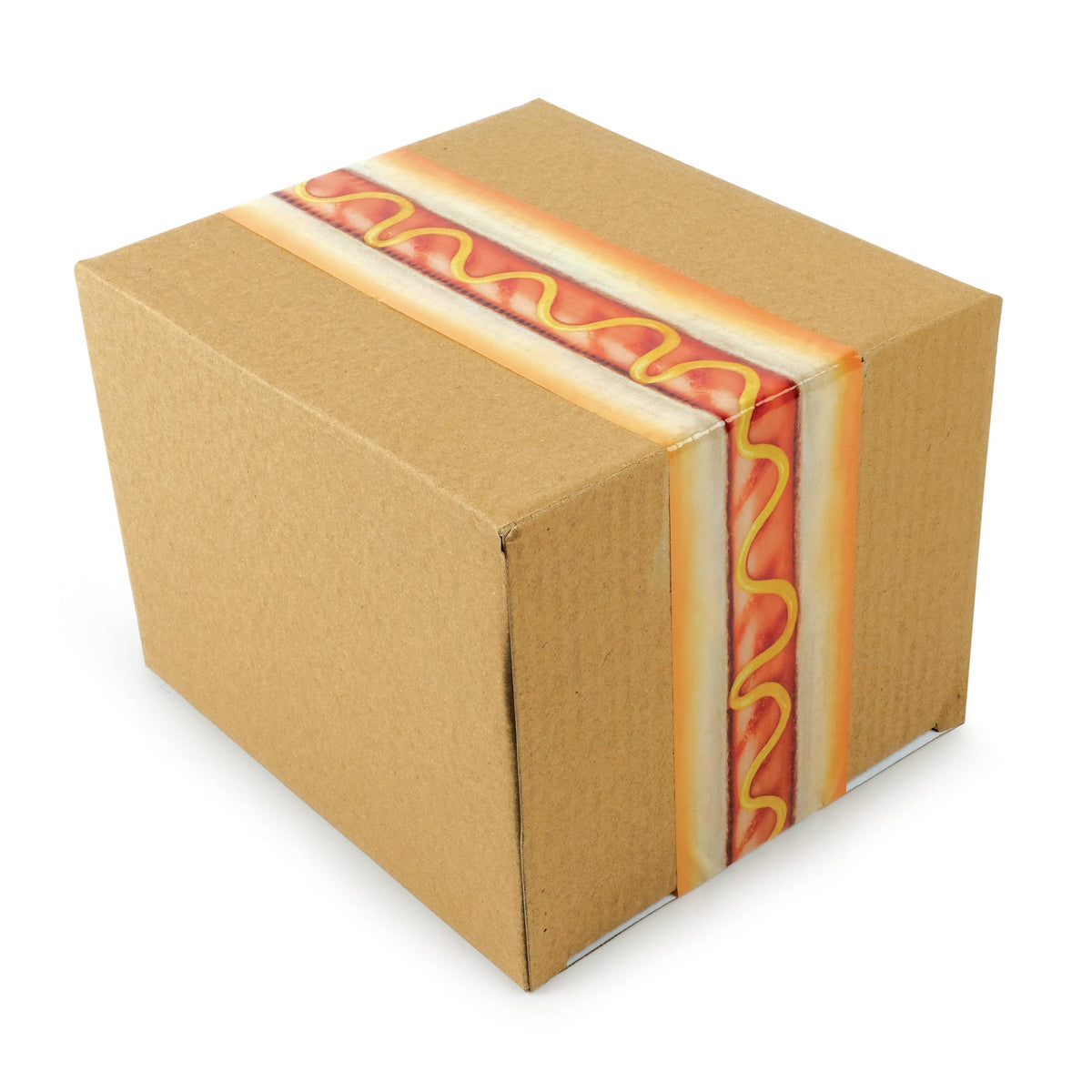 Cardboard box with a hot dog graphic on a white background