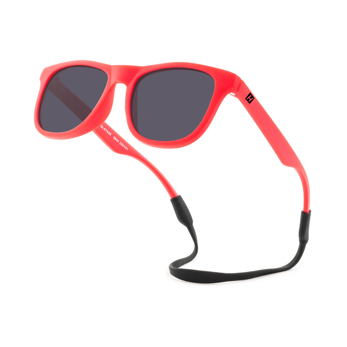 Red kids' sunglasses with dark gray lenses and a black chin strap, shown on a white background.