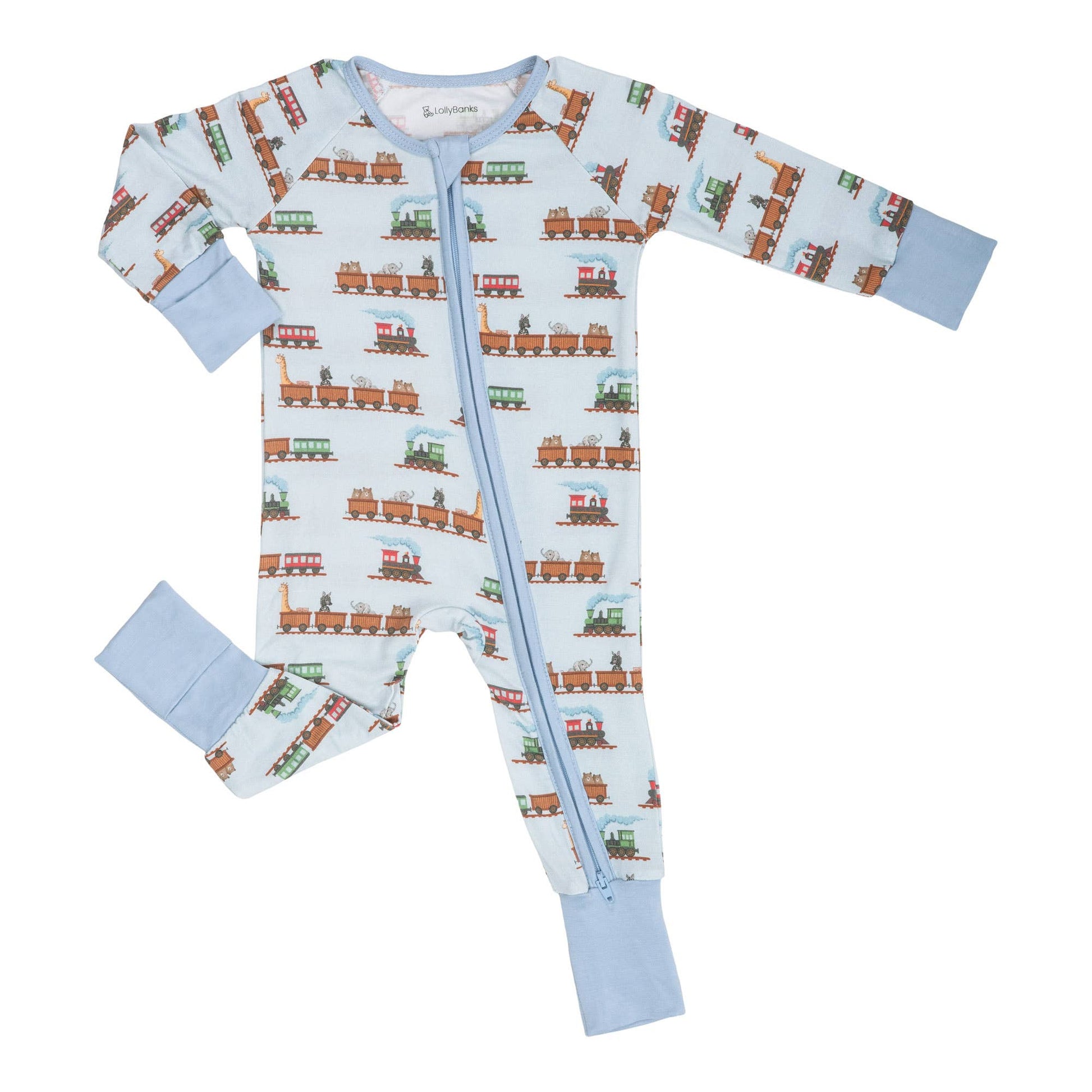 Baby pajama with train pattern on a light blue background