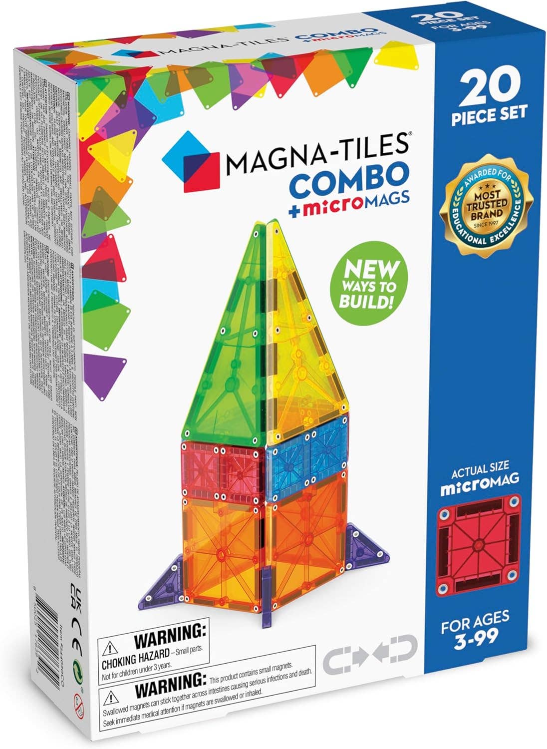 Packaging for the 20-Piece Set-Magna-Tiles Combo, featuring colorful tiles and a constructed pyramid model, indicating the product is for ages 3-99.