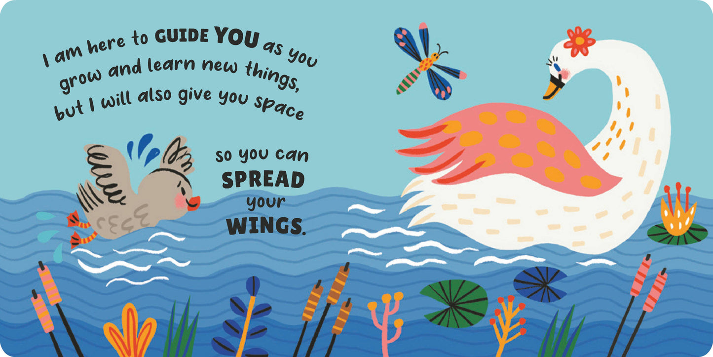 Illustration of a swan and bird on water with text about growth and learning.