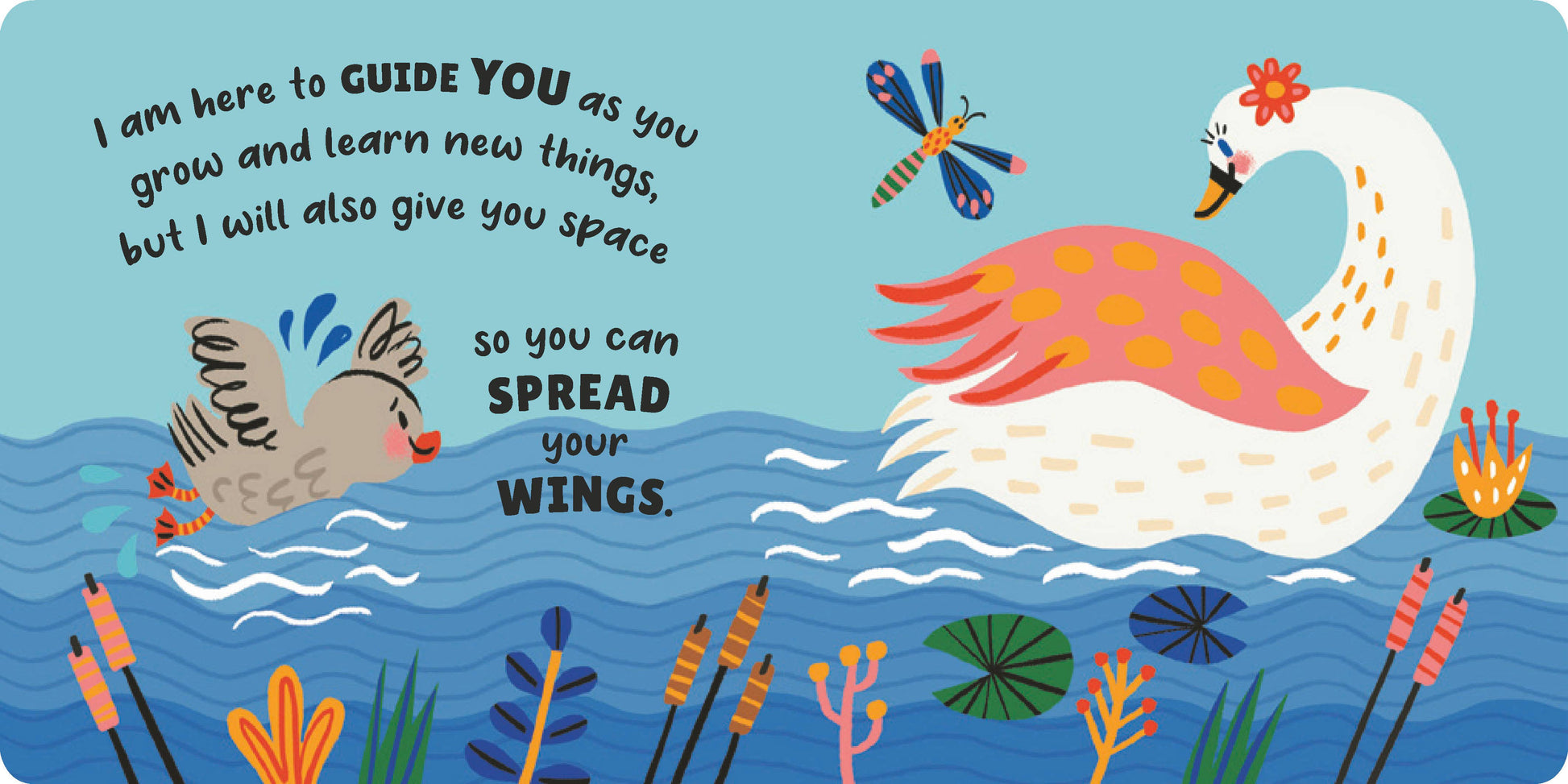 Illustration of a swan and bird on water with text about growth and learning.