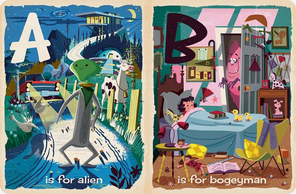 Two illustrated panels with 'A' for alien and 'B' for bogeyman on a beige background.