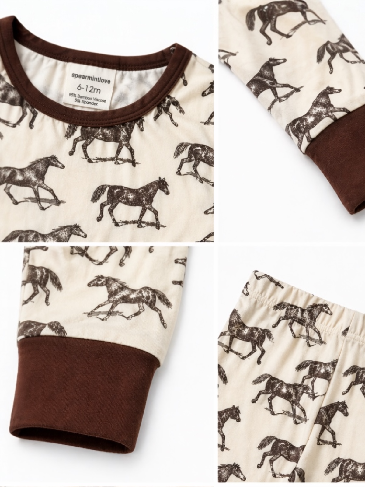 Children's outfit with horse pattern and brown accents on a white background