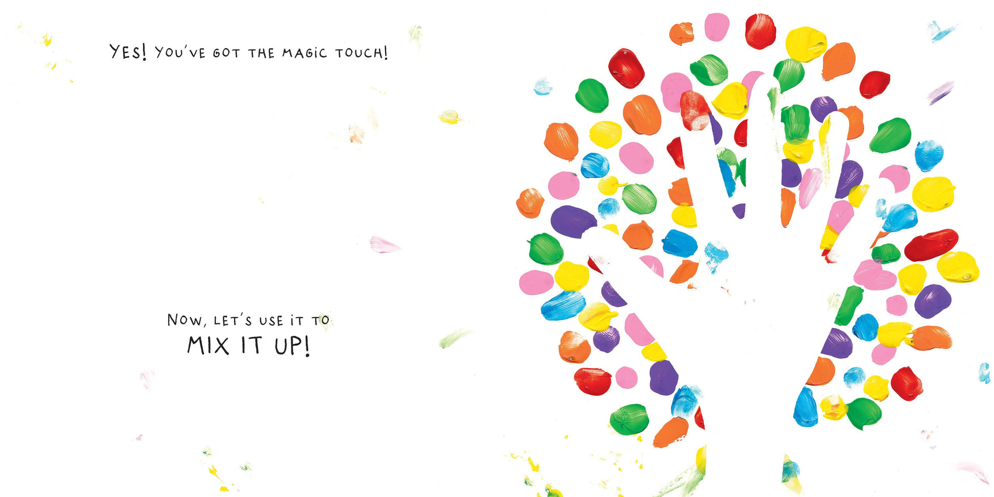 Colorful handprint with text on a white background