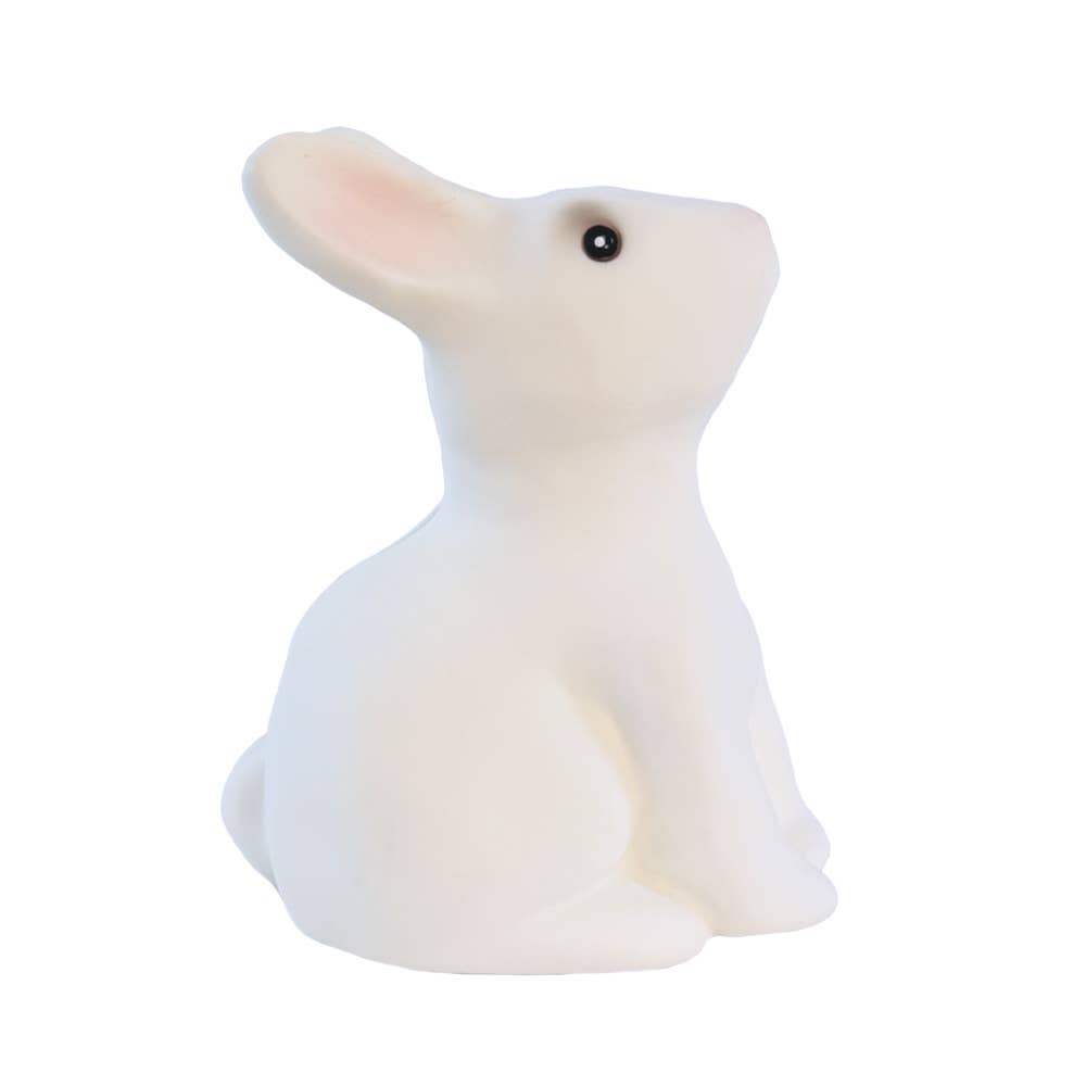 White molded plastic rabbit -shaped coin bank on a white background