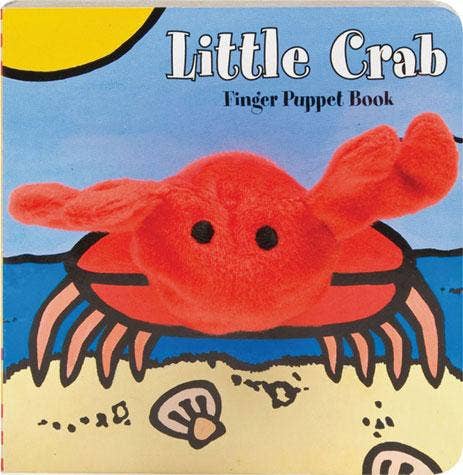A finger puppet book titled 'Little Crab' with an illustration of a red crab on the front cover, set against a beach and sea background.