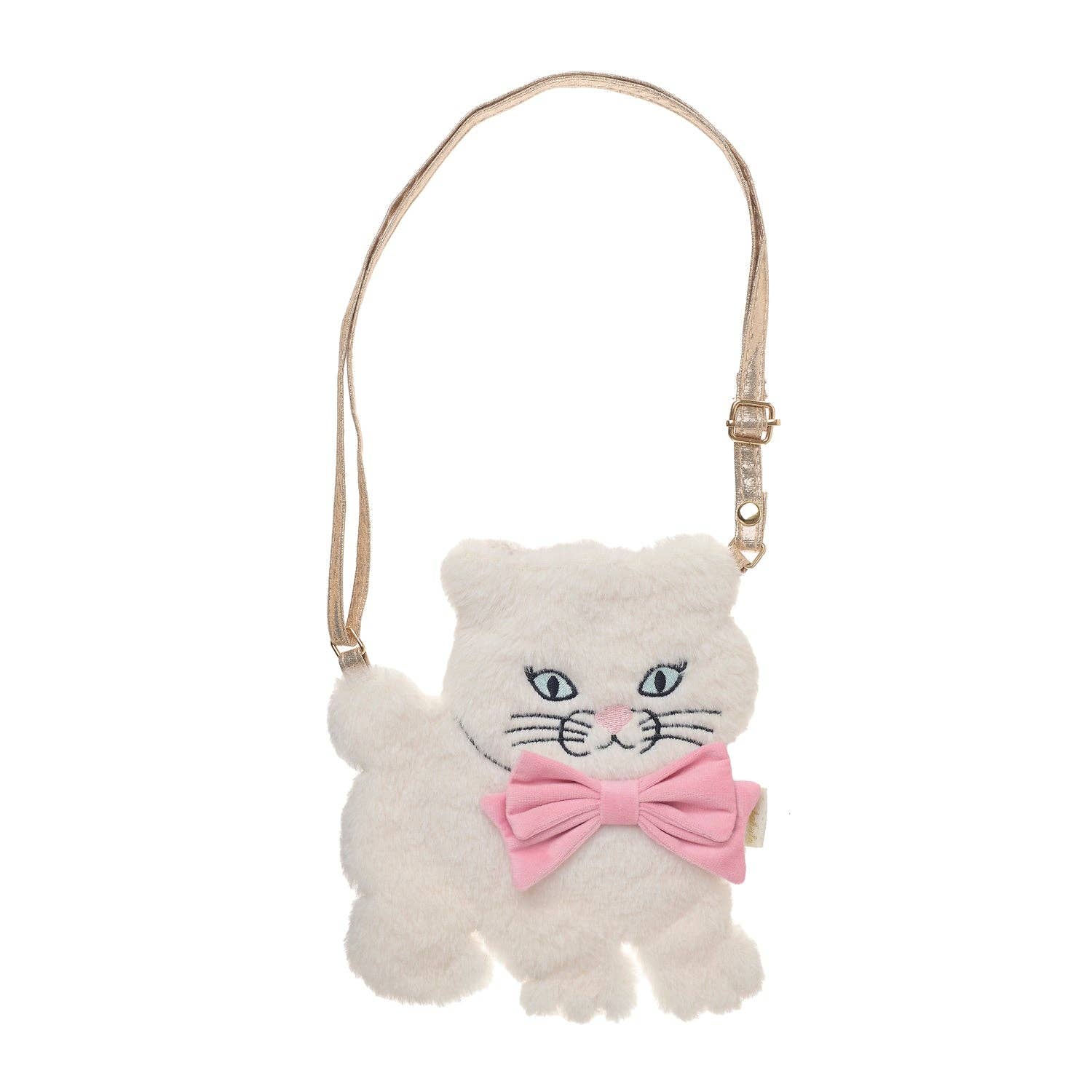 A white plush cat-shaped crossbody bag with a pink bow tie and a thin beige strap with gold-tone hardware, shown on a plain white background.