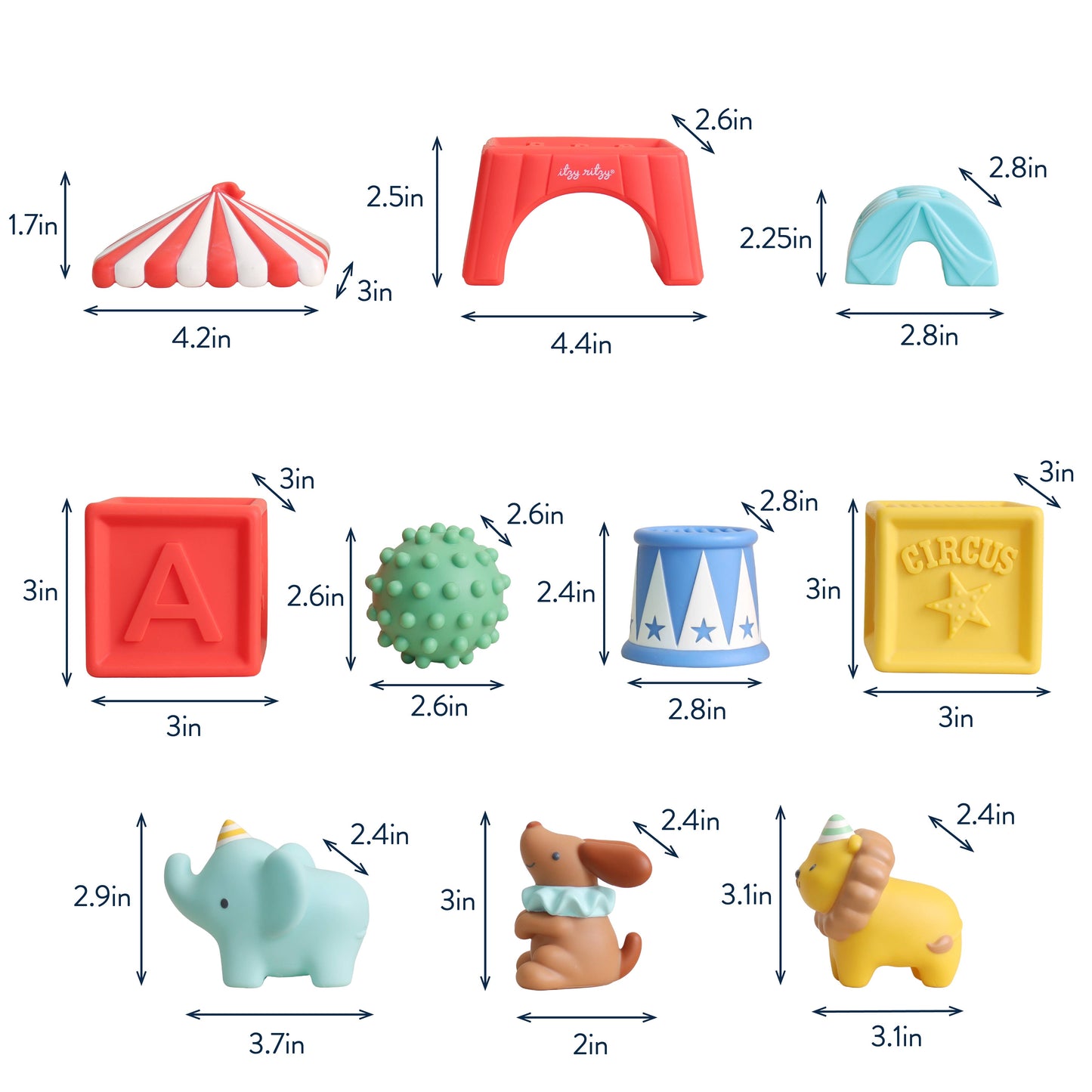 A set of colorful children's bath toys with dimension arrows and measurements printed on a white background. The set includes a red and white striped circus tent, a red arch, a light blue arch, a light blue and white striped bucket, a red block letter A, a green spiky ball, a yellow block letter C, a light blue elephant, a brown dog, and a yellow horse.