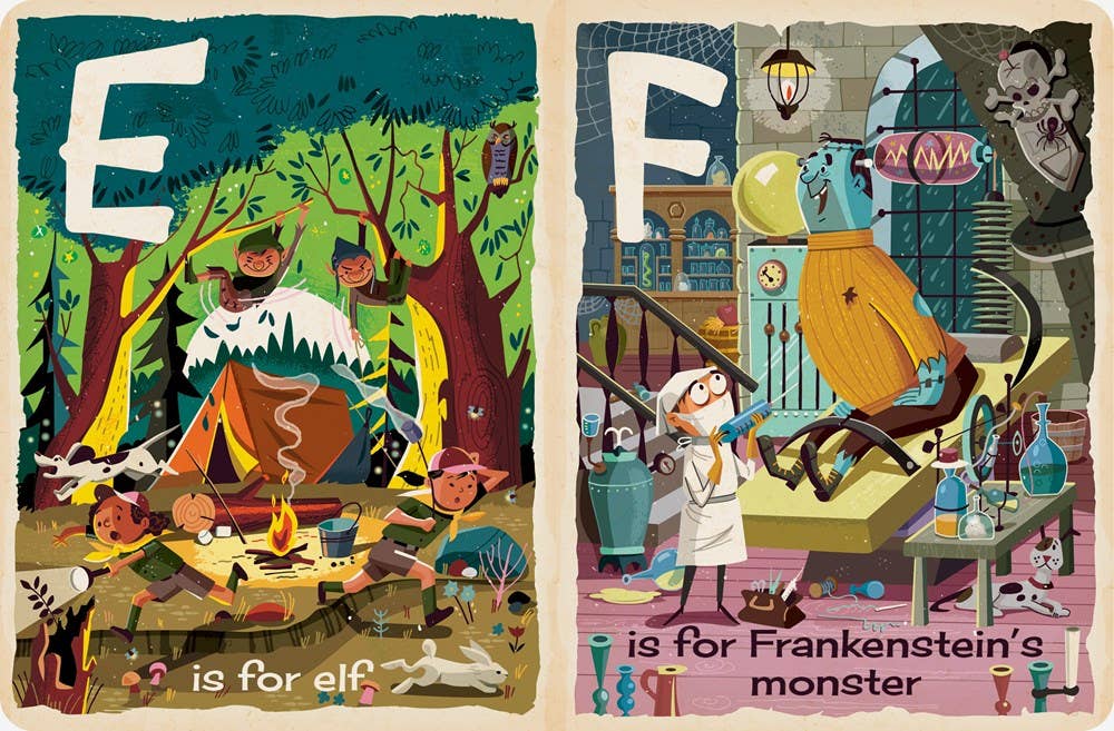 Illustrations of 'E' for elf and 'F' for Frankenstein's monster with a campfire and cityscape background.