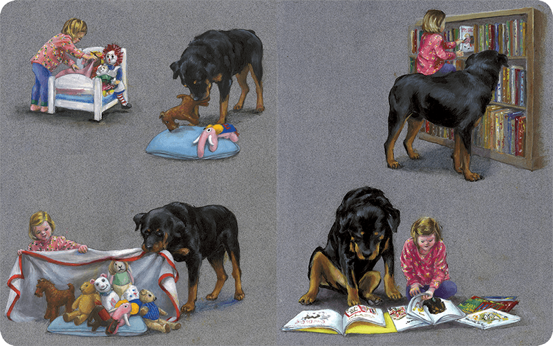 Illustrations of a child playing with toys and a dog in various scenarios.