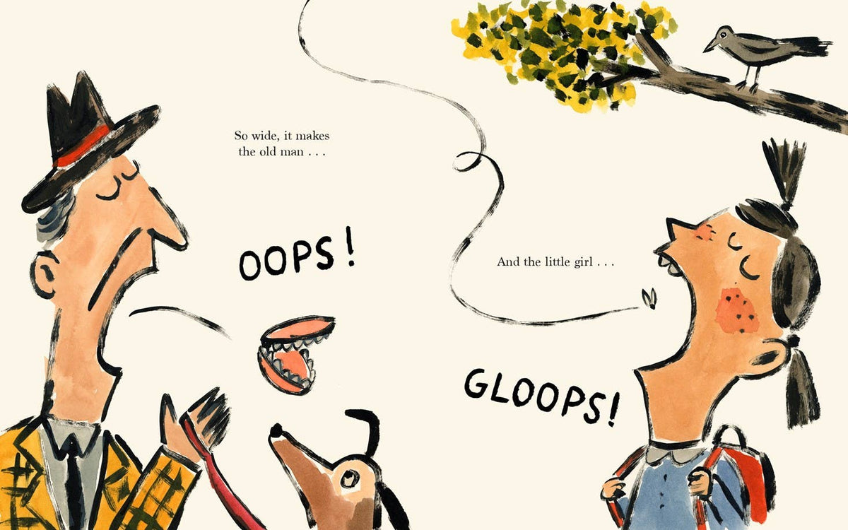 A whimsical hand-drawn illustration on an off-white background showing a man in a hat and jacket with a dog, a girl with a backpack, and a bird on a tree branch. Speech-bubble-like text includes 'OOPS!' and 'GLOOPS!'.