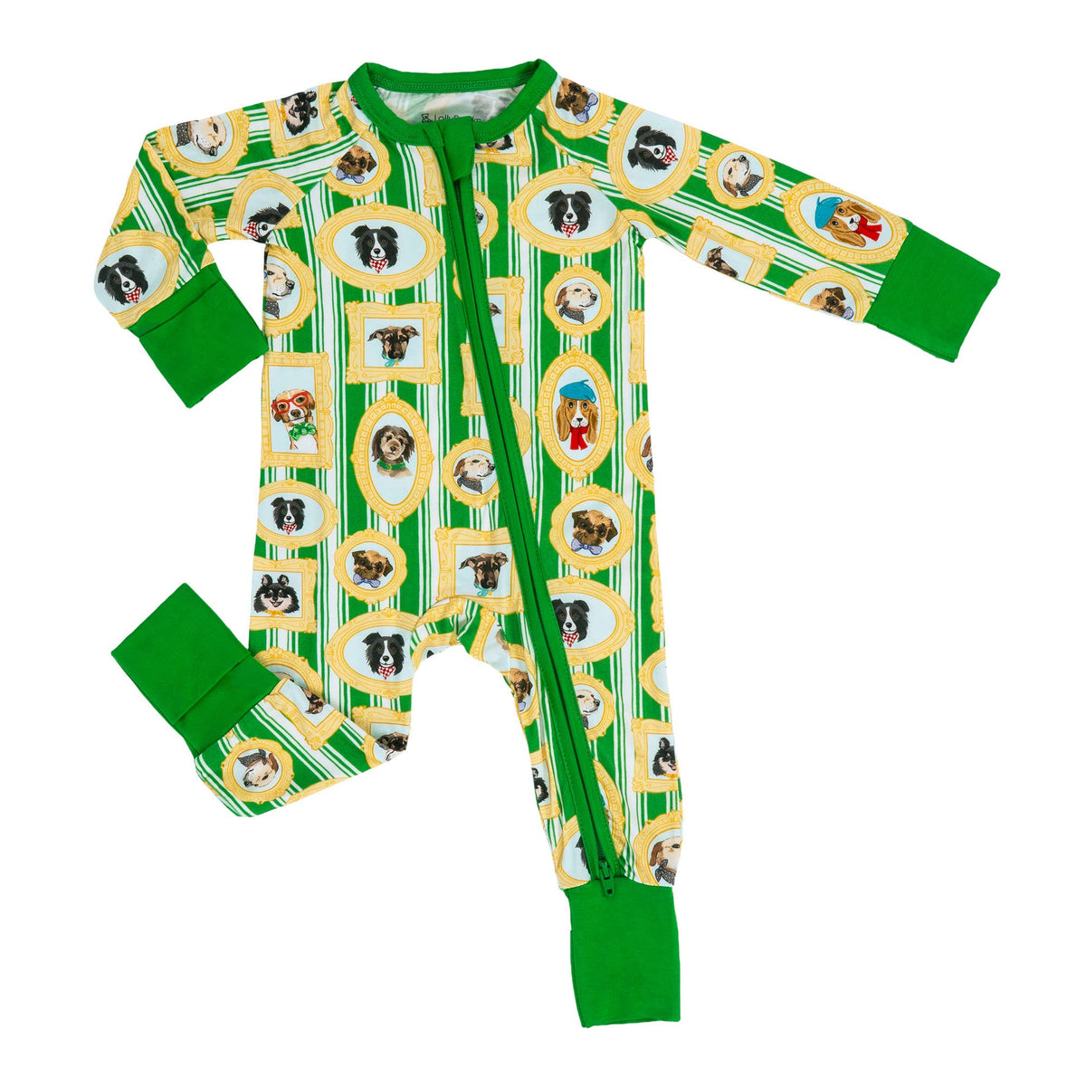 A baby long-sleeve footed sleeper with a green and white striped pattern featuring cartoon dog portraits in oval frames, green cuffs and legs, and a green front zipper.