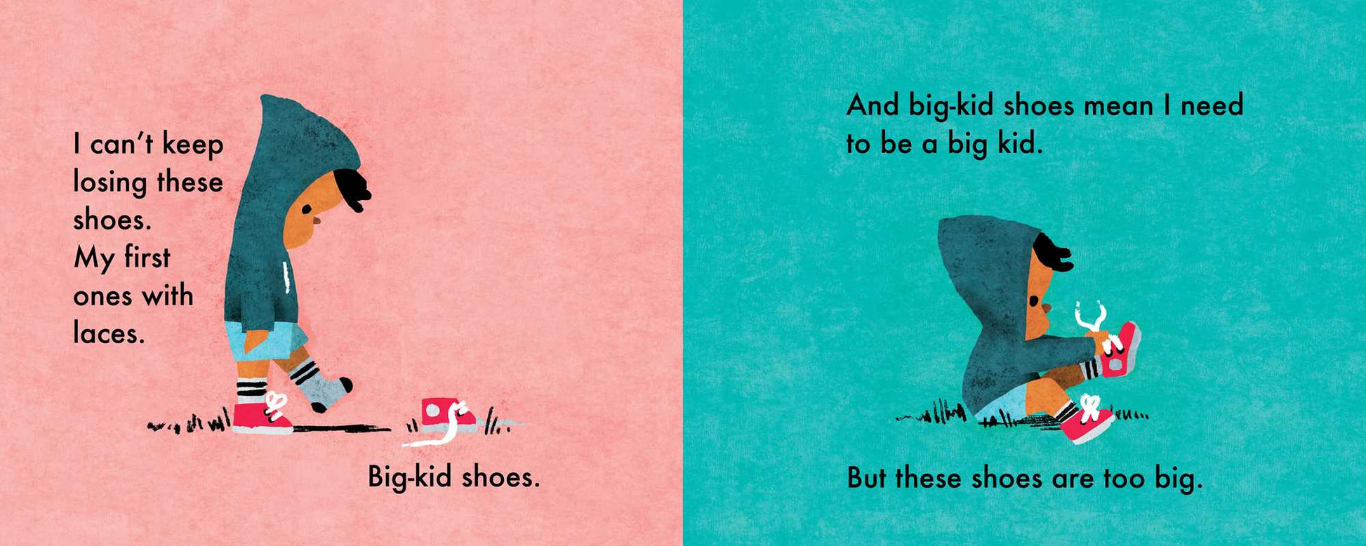 Illustration of a child in big-kid shoes on a pink and blue background with text.