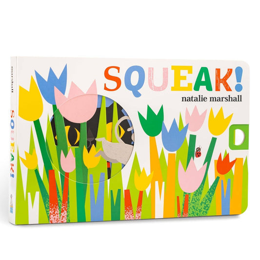 Book cover of 'SQUEAK!' by Natalie Marshall with colorful flowers and a cat illustration.