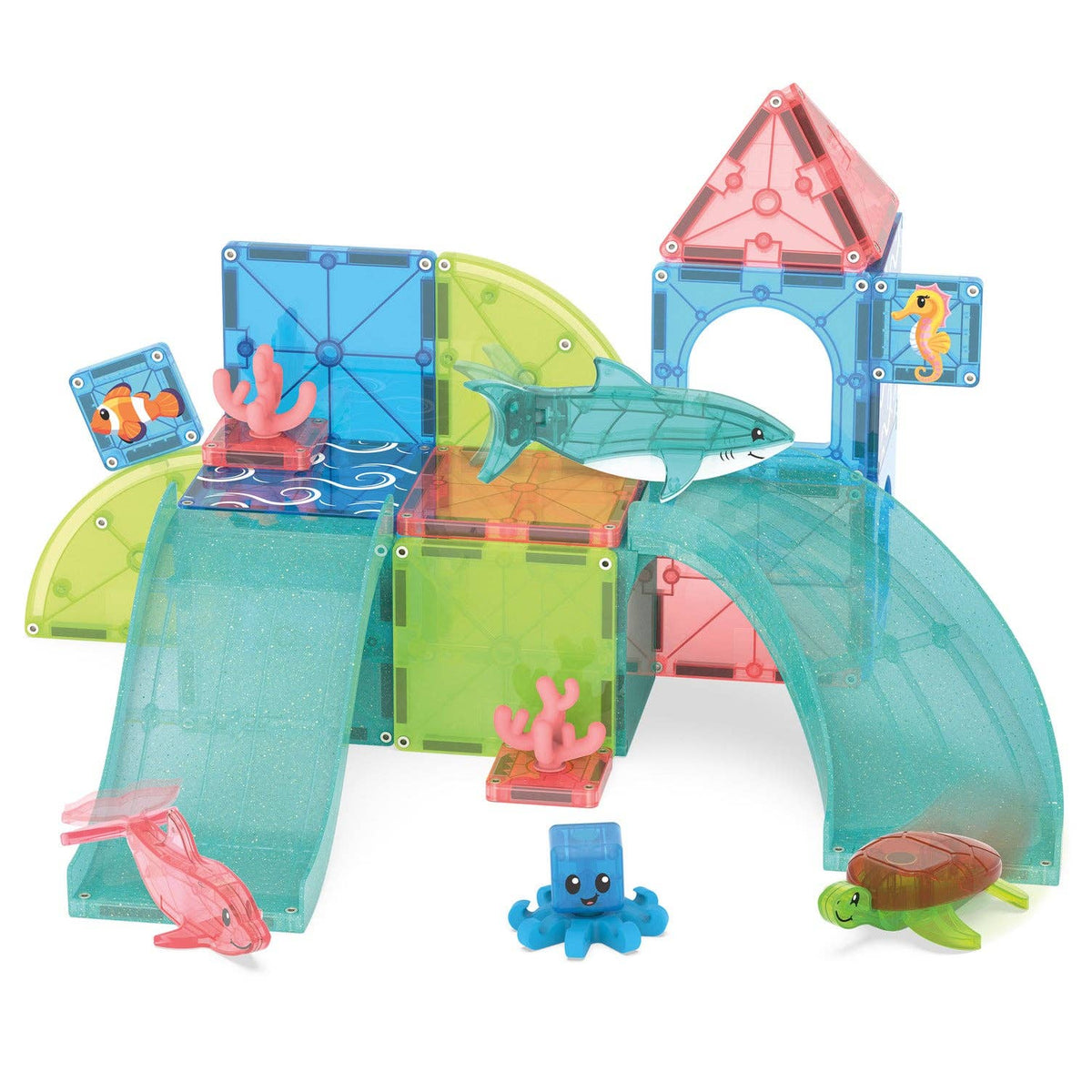 Toy building set with transparent blocks and small sea creature figures on a white background