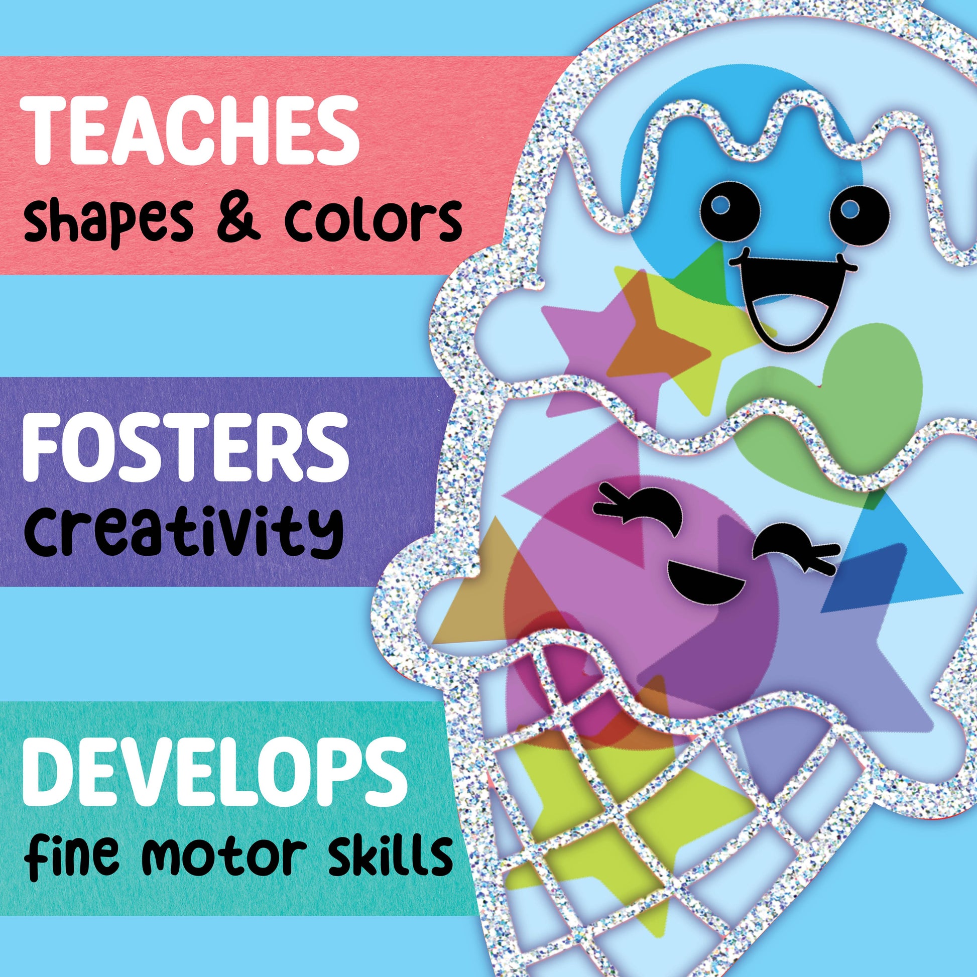 Colorful educational toys with text on a blue background