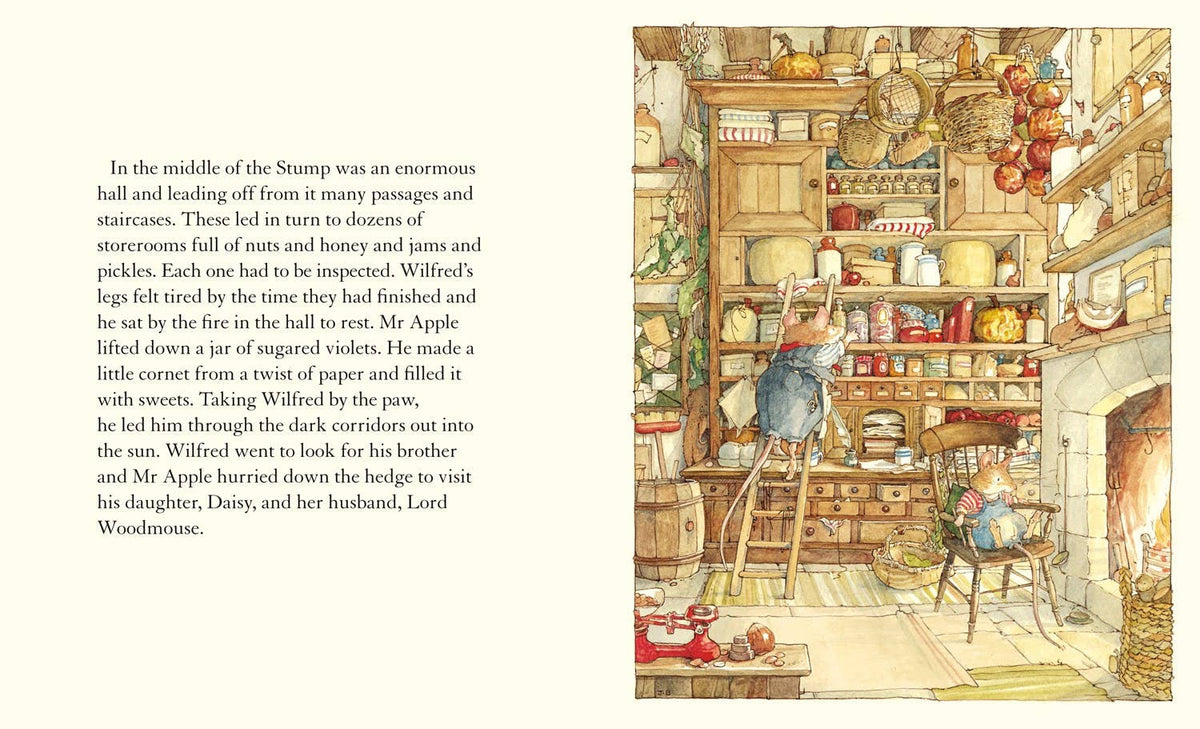 Illustrated book page with a store interior and text on a white background