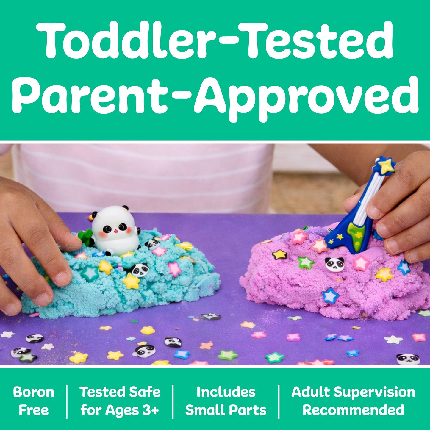 Children playing with blue and pink play dough on a purple surface, with text indicating safety and supervision.