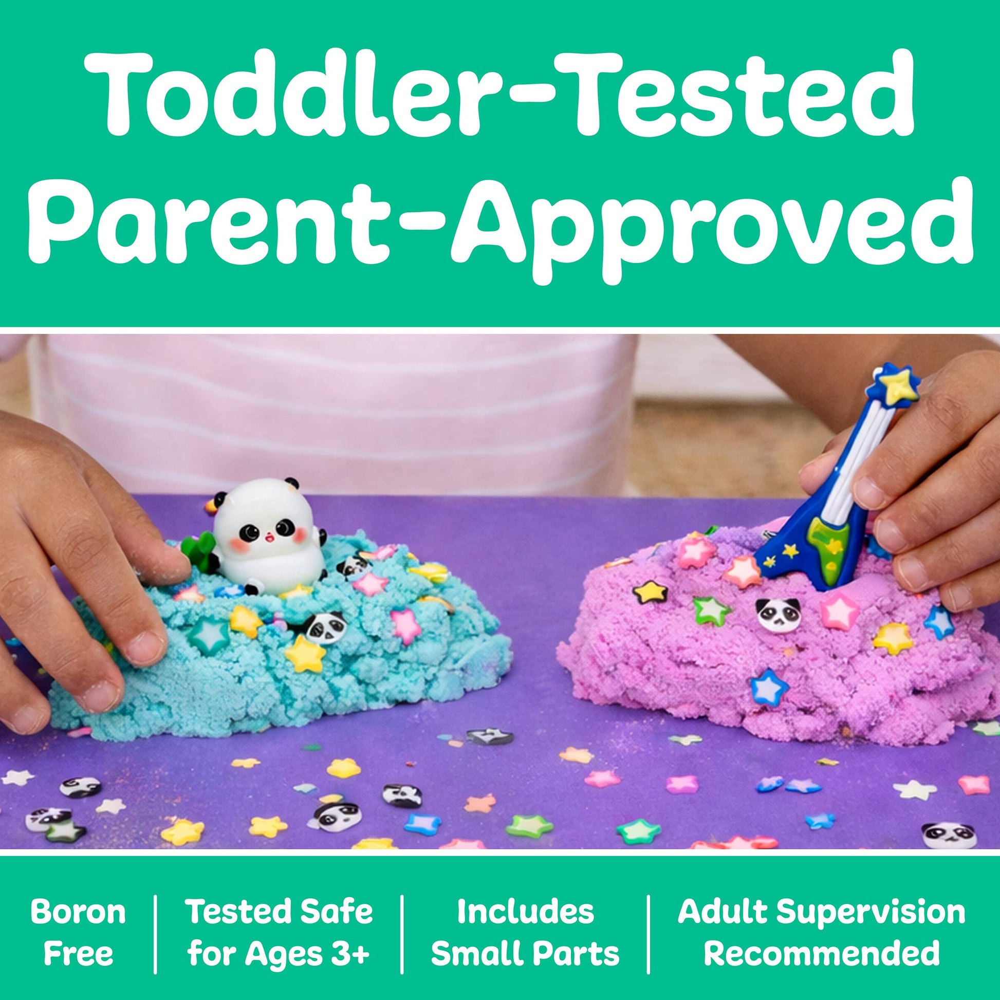 Children playing with blue and pink play dough on a purple surface, with text indicating safety and supervision.