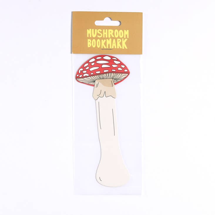 Mushroom-shaped bookmark with red cap and white stem on a white background