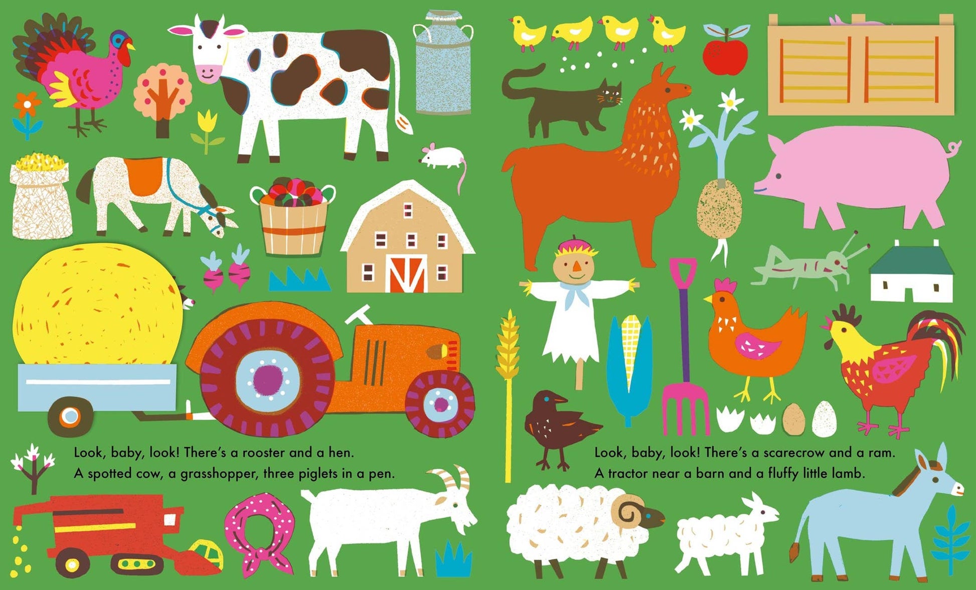 Colorful farm-themed illustration with animals, a tractor, and a barn on a green background.
