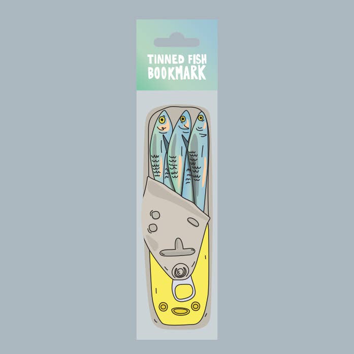 Tinned fish bookmark packaging with a gray background