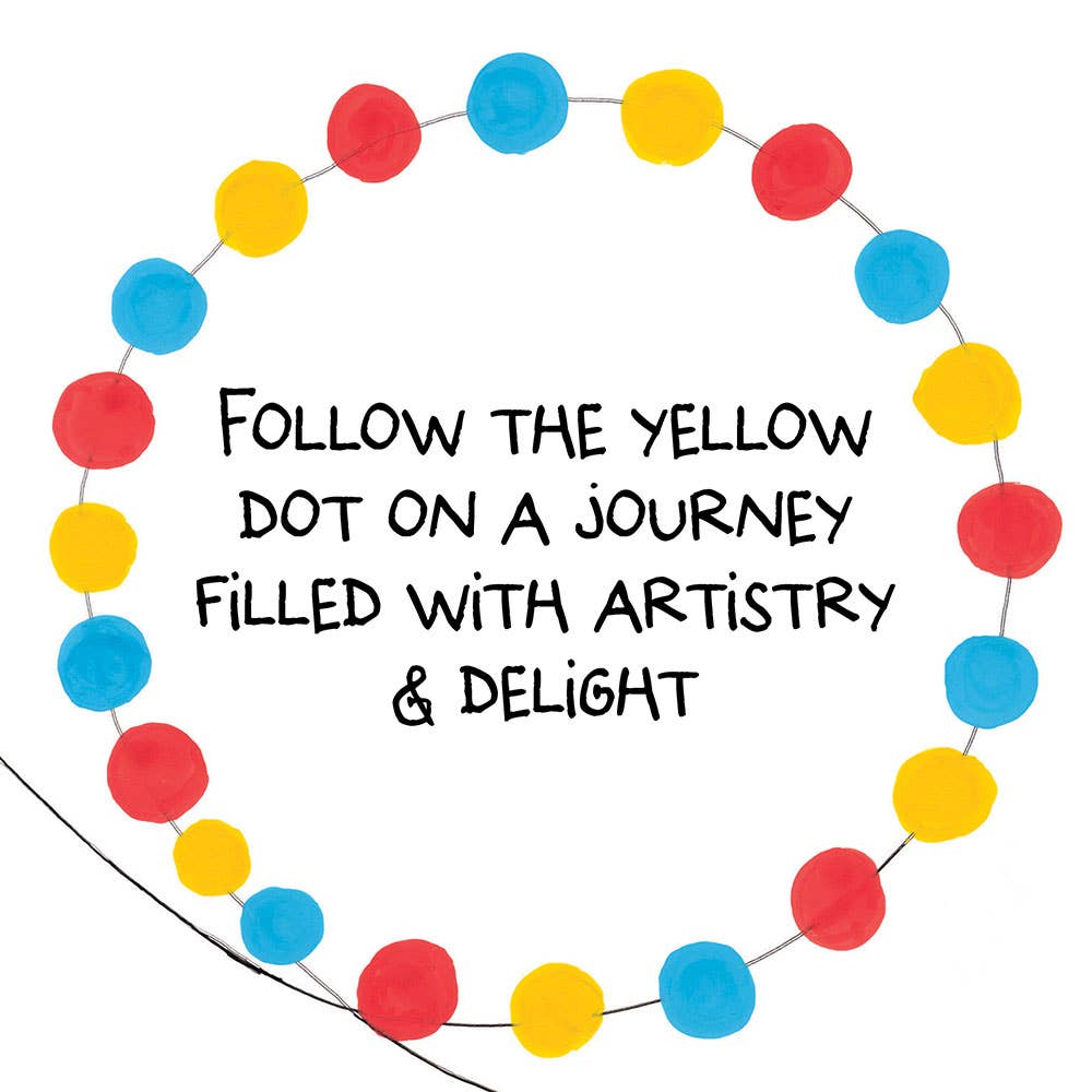 Colorful dot pattern with text 'Follow the yellow dot on a journey filled with artistry & delight' on a white background