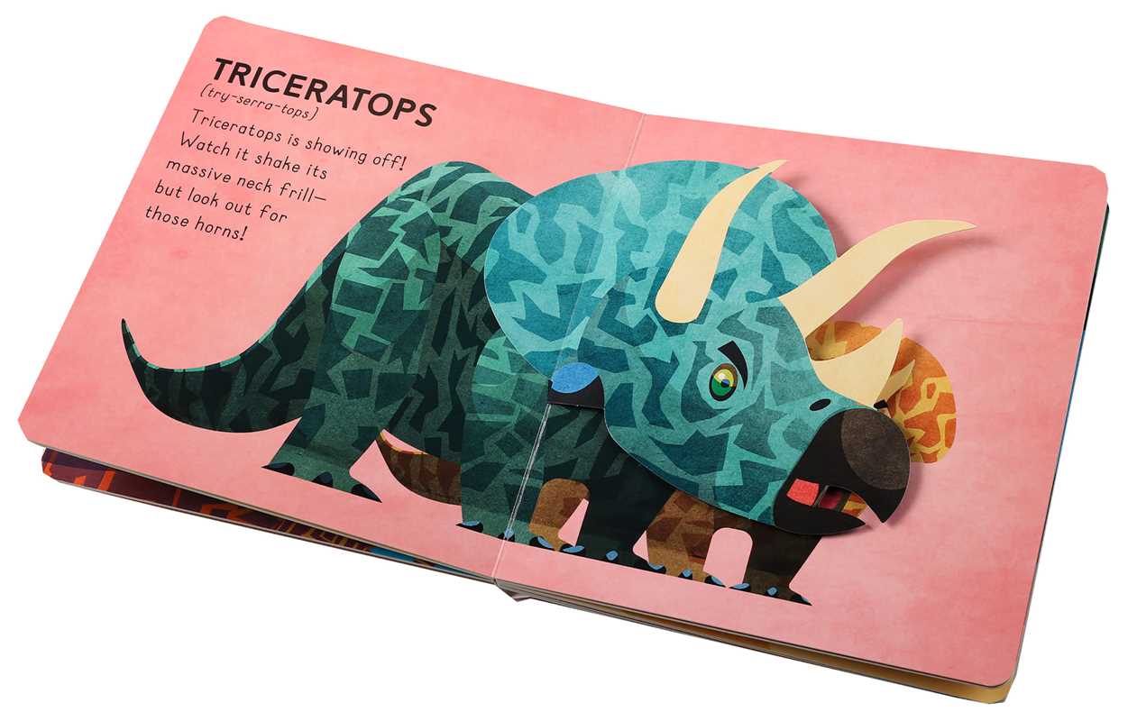 Children's book page with a colorful triceratops illustration on a pink background