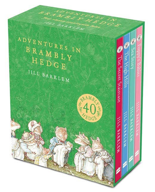 Box set of 'Adventures in Brambly Hedge' books with green cover and illustrations of characters.