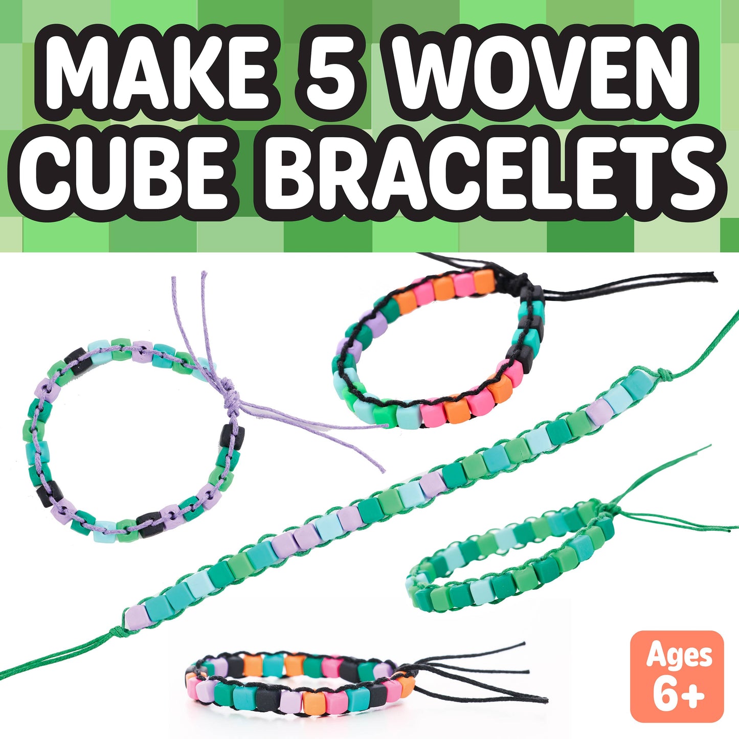 Colorful woven cube bracelets with text 'Make 5 Woven Cube Bracelets' and 'Ages 6+' on a green checkered background.