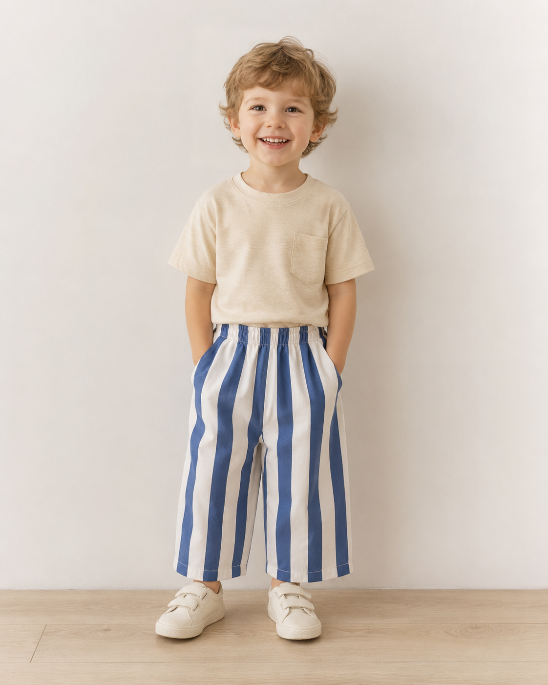 Child wearing a beige shirt and blue and white striped pants standing against a plain background