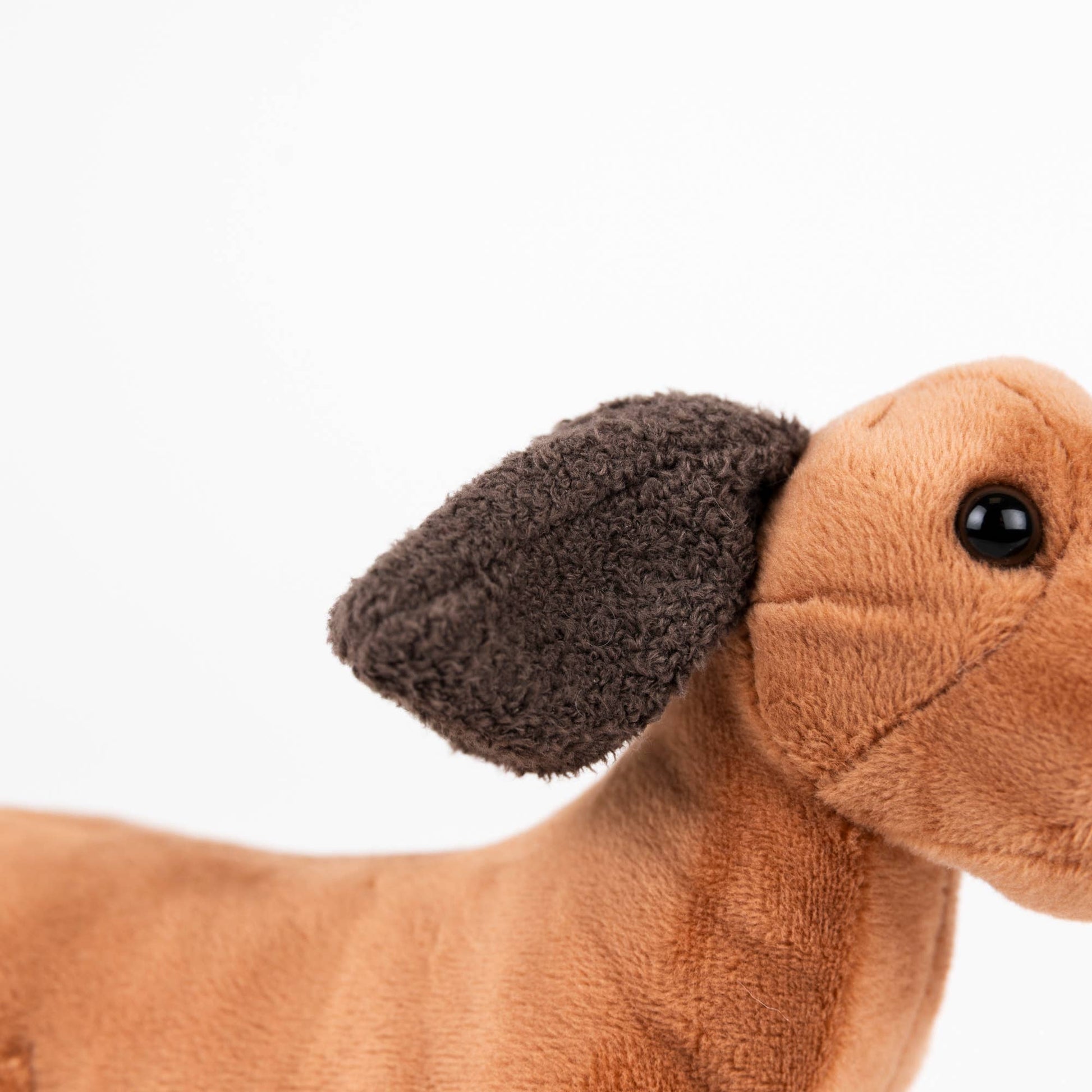 Close-up of a brown plush dog toy with a dark brown floppy ear and black eyes, photographed against a plain white background.