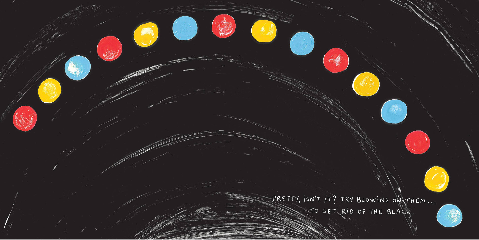 Colorful dots arranged in a curved line on a black background with text.