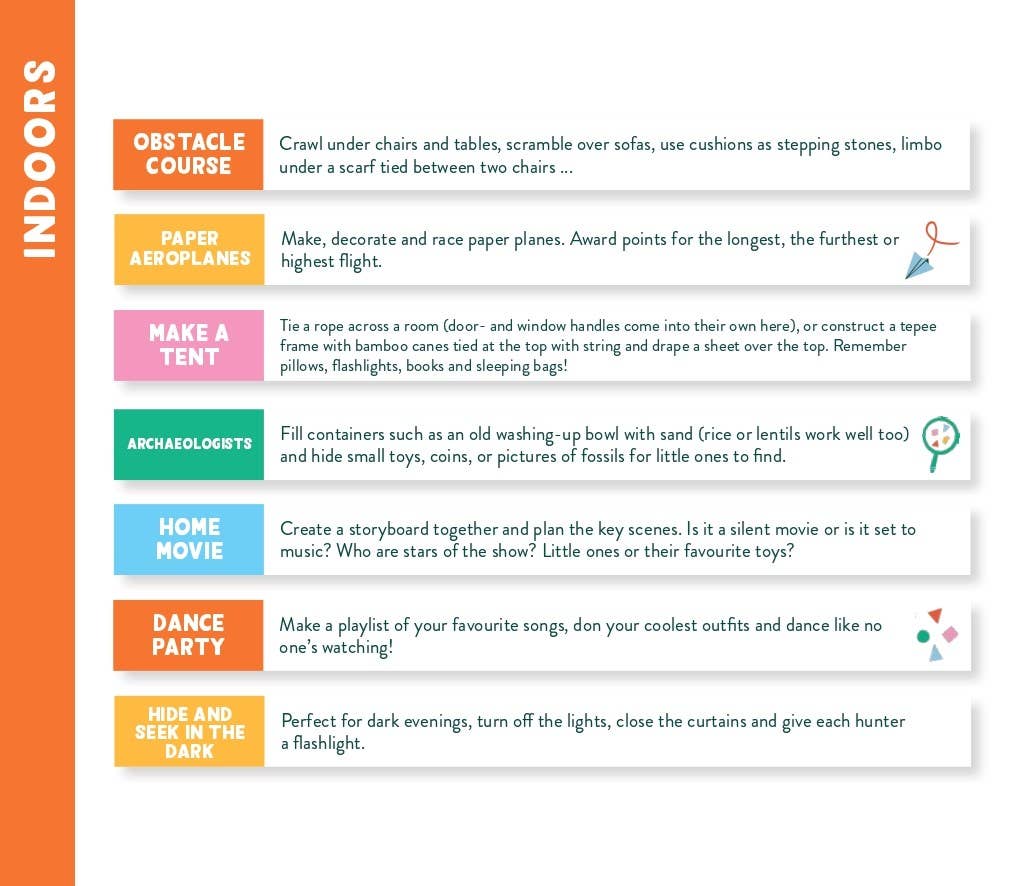 Sheet of activities for indoor play with colorful headings and text.