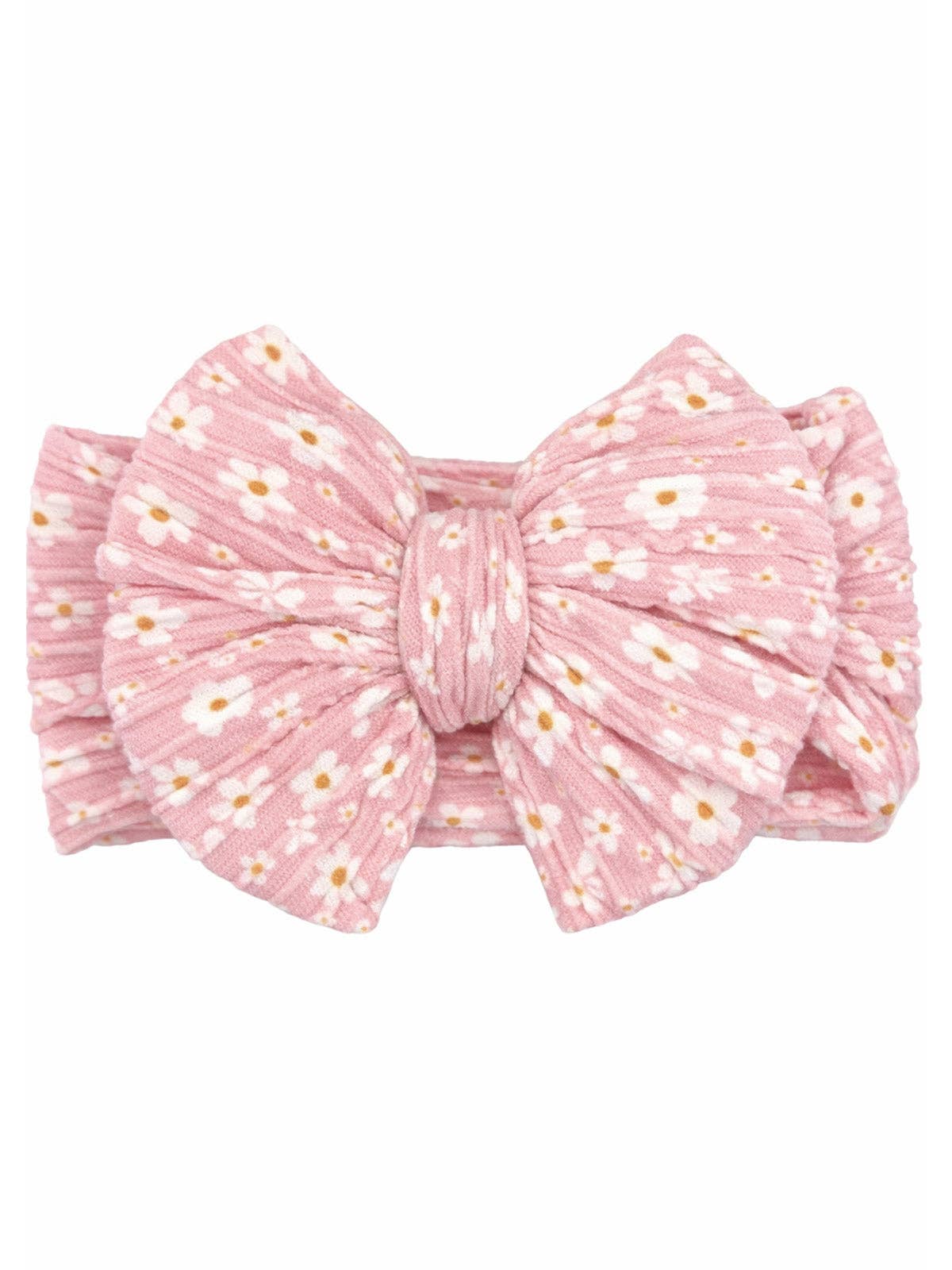 Pink headband with a bow and small white floral pattern on a white background