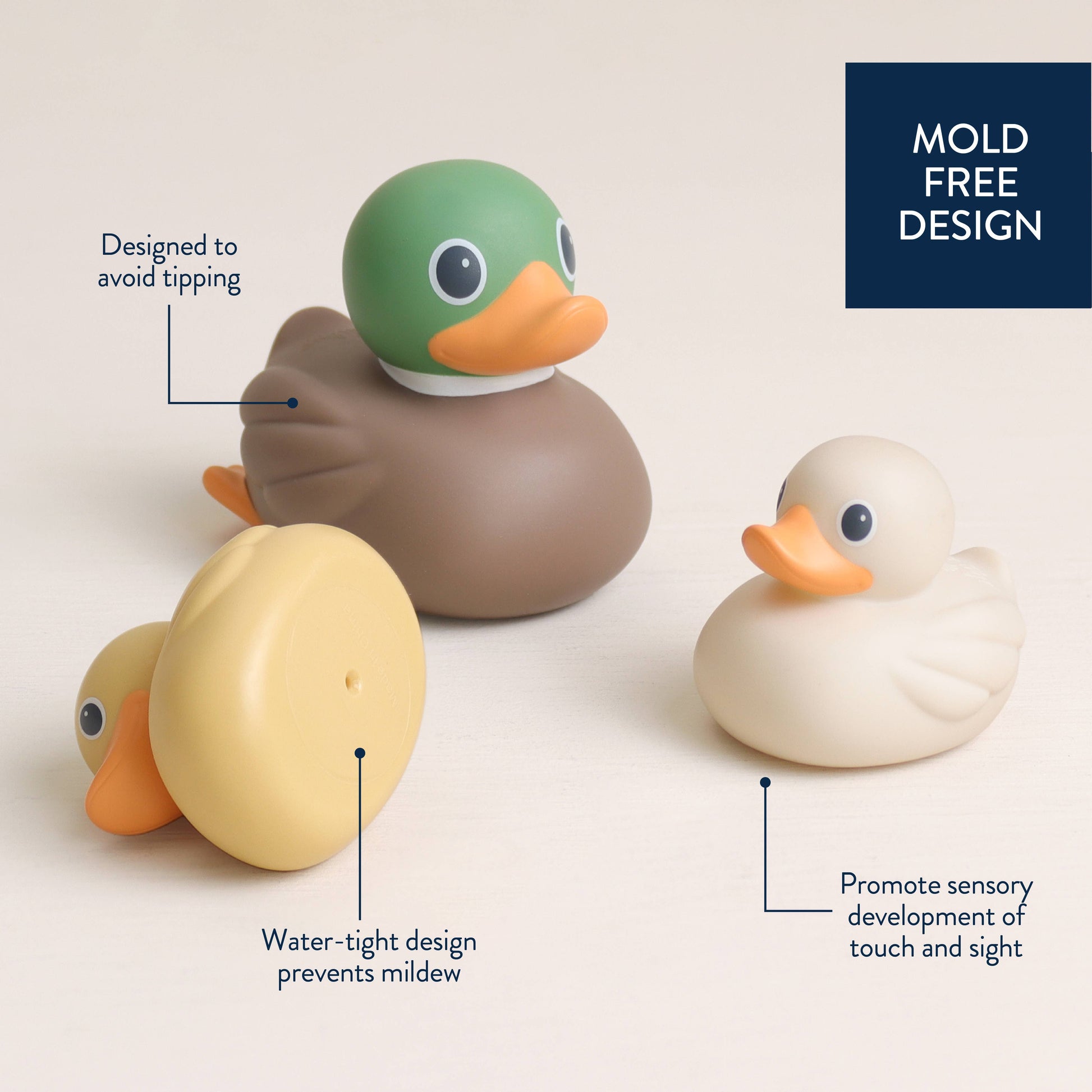Three duck-shaped bath toys on a light beige background with explanatory text callouts: a green duck on a brown body, a pale yellow duck on its side, and a cream duck facing forward. A dark blue badge reads 'MOLD FREE DESIGN'.