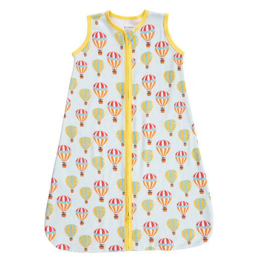 Baby sleeping sack with hot air balloon pattern on a white background
