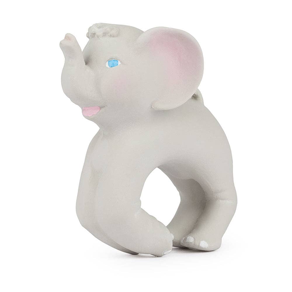 Gray elephant-shaped teething ring on a white background