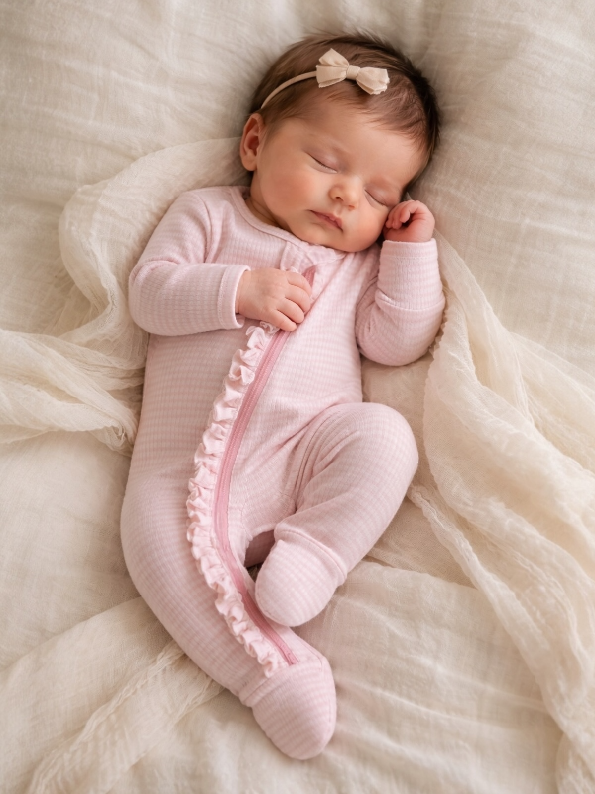 Pink Stripe Ribbed Frill Newborn Zip Pajama